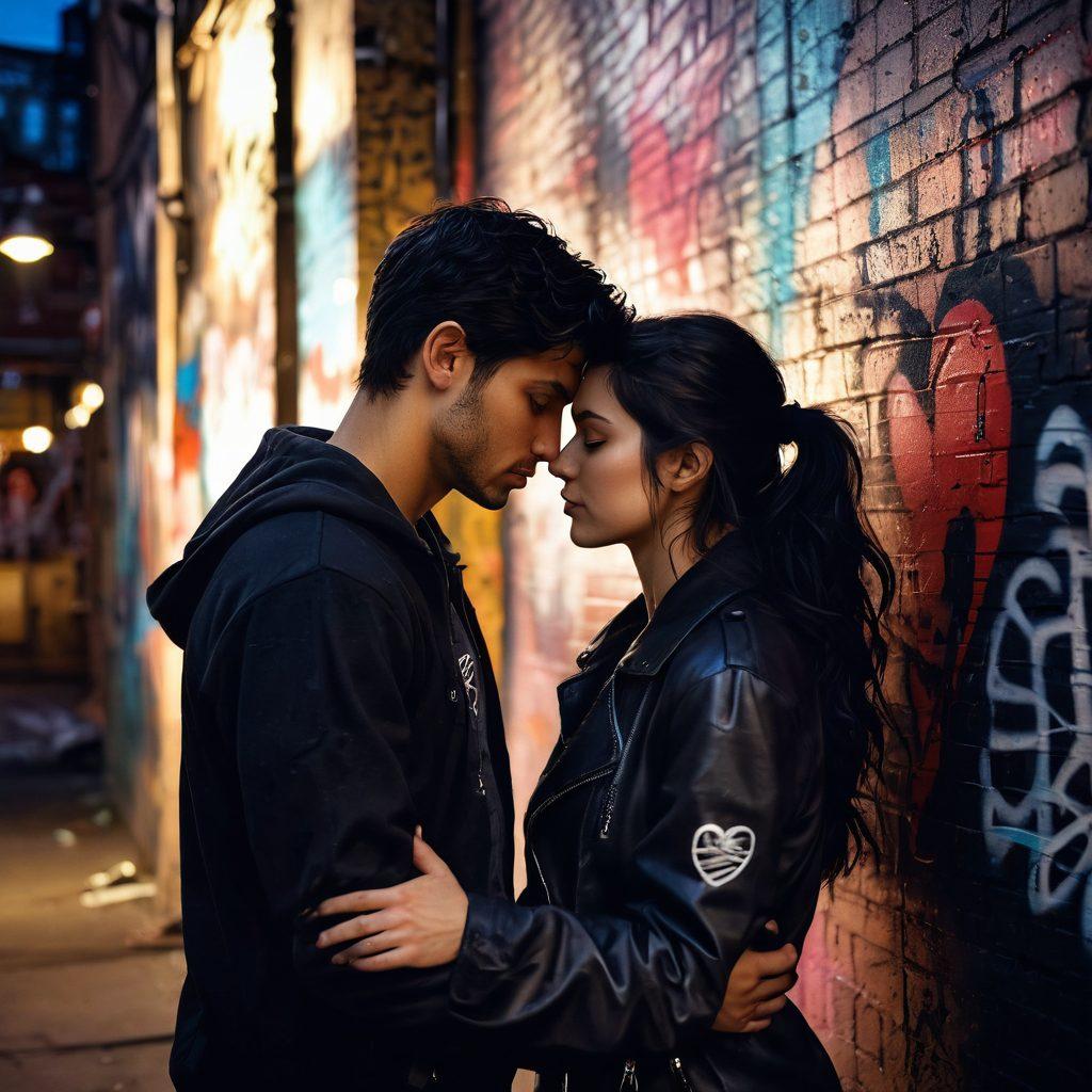 A couple embracing in a cozy, dimly-lit urban setting, surrounded by graffiti art symbolizing strength and passion. Their expressions reflect deep connection and commitment, with overlaying elements of hearts and intertwined hands to illustrate modern romance. Soft light casting romantic shadows, enhancing the gritty yet intimate vibe. super-realistic. vibrant colors. urban background.