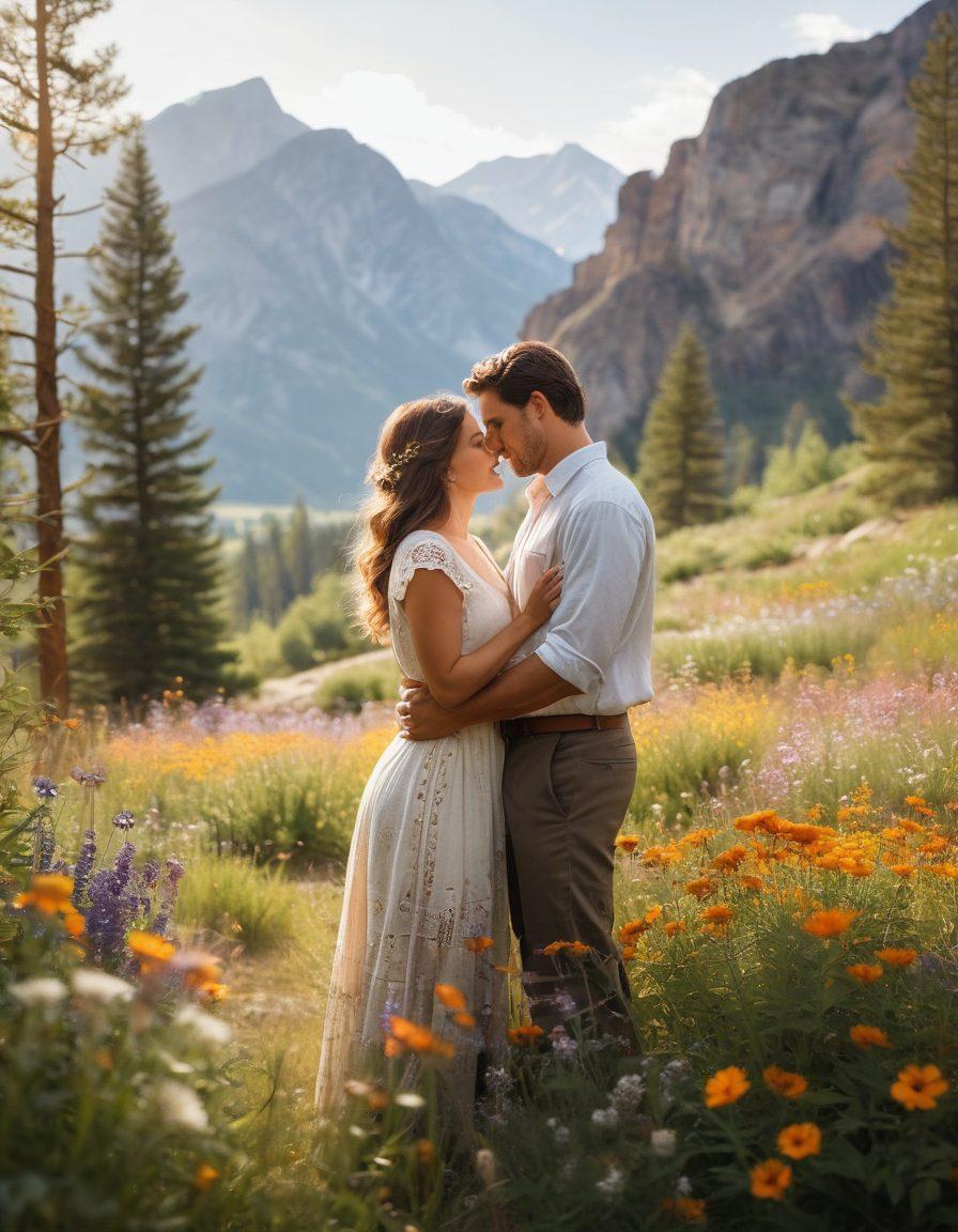 A couple sharing an intimate moment in a serene outdoor setting, surrounded by wildflowers and rugged mountains. Their expressions convey raw emotion and genuine connection, with soft sunlight filtering through the trees. Include warm, earthy tones to evoke a sense of natural beauty and authenticity. super-realistic. vibrant colors. warm atmosphere.