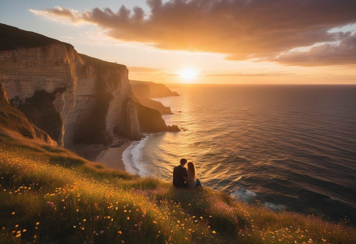 A warm, intimate scene of a couple cuddling at a cliff's edge during sunset, their silhouettes highlighted by soft, golden rays. Around them, whimsical wildflowers bloom, symbolizing untamed love. In the background, the vast ocean meets the horizon, creating a sense of adventure. The atmosphere should evoke feelings of warmth, connection, and freedom. soft focus. vibrant colors. romantic lighting.